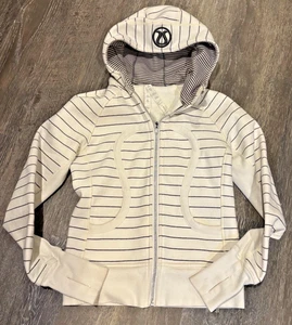 Vintage Y2K Lululemon White Black Stripe Scuba Hoodie Jacket Full Zip Sz 4 - Foto 1 di 4