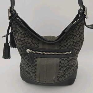 Coach Legacy schwarz grau Signatur Logo gestreift Jacquard Seesack Schultertasche Quaste - Bild 1 von 19