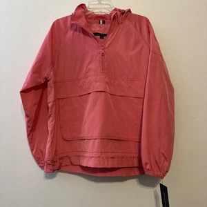 Tommy Hilfiger Pink Windbreaker Hooded Jacket Womens Medium Spell Out $89 - Picture 1 of 3