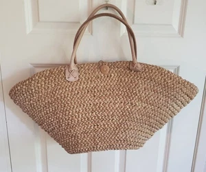 Große Strohtasche Strand Markttasche geflochten Naturleder Henkel Schultertasche - Bild 1 von 5