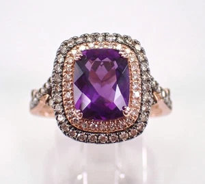 Anillo de compromiso de oro rosa de 14 quilates con diamantes y amatista con doble halo - Imagen 1 de 8