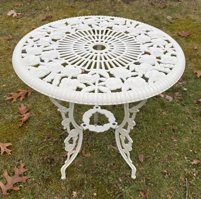 Vintage Victorian Style Cast Aluminum Garden Bistro Patio Table Roses 23.5"D - Image 1 of 4