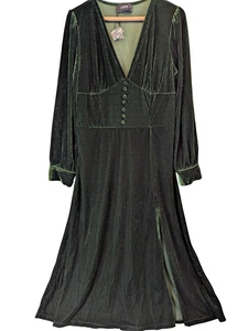 Cider Damen Gr. XL Midi Ärmel Samt Knopfdetail Kleid grün launisch Goth Glam - Bild 1 von 14