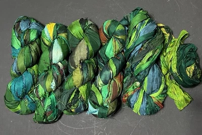 NEW lot of 5 - 100g Sari Silk Ribbon Skein craft yarn Ball GREEN recycle fabric - Image 1 of 4