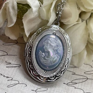 Silver Birthday Locket Blue Pearl Lady Victorian Maiden Necklace Gift Mom Unique - Picture 1 of 17