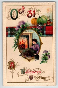 Halloween Postcard Women Black Cat Fireplace Oct 31st Germany Gottschalk Unused - Picture 1 of 2