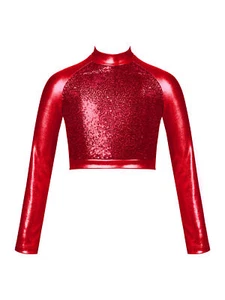Girls Metallic Sequins Dance Crop Top Shiny Jazz Hip-hop Dancewear Turtleneck - Picture 1 of 90