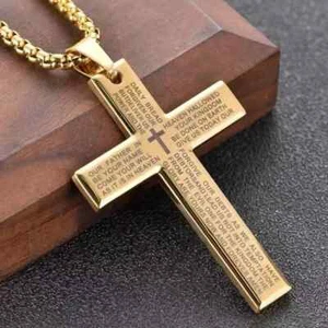 Gold Colored Stainless Steel Lords Prayer Cross And 60cm Chain Necklace AU Stock - Picture 1 of 3