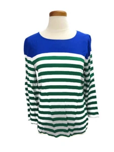 Top J Crew taglia 4 blu verde bianco righe maniche lunghe girocollo rayon - Foto 1 di 5