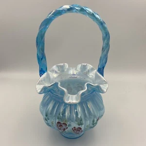 Vintage Fenton Art Glass Hand Painted English Rose Celeste Blue Basket Vase - Picture 1 of 7