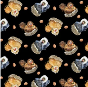 Henry Glass Down on the Farm Polish Hen Black Cotton Fabric By The Yard - Picture 1 of 1
