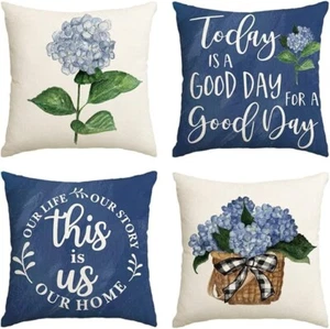 Blue Hydrangea Spring Summer Throw Pillow Covers 18 x 18 Inch for Sofa Couch x 4 - Picture 1 of 5