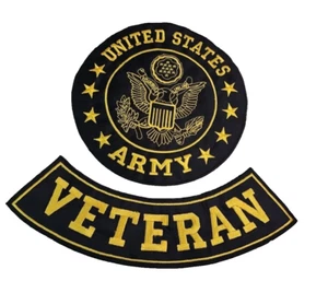 United States Army 9" Round Center Patch 8 Stars Gold on Black + Veteran Rocker - Foto 1 di 2
