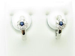 PLATINUM STERLING SILVER DIAMOND SET BLUE SAPPHIRE FLOWER HUGGIE EARRINGS GIFT - Picture 1 of 1