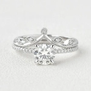 2.19Ct Round 14K White Gold Moissanite Engagement Bridal Ring Matching Band Set - Picture 1 of 7