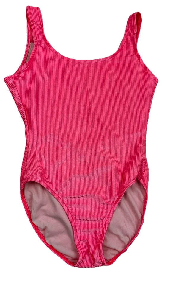 Traje de baño vintage Jantzen de una pieza acanalado cuello redondo años 80/90 rosa neón ≈ talla 16 Foto 1 de 4