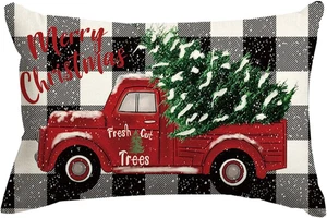 Christmas Pillow Covers 12X20 Black and White Buffalo Plaid Red Truck Christmas  - Picture 1 of 6