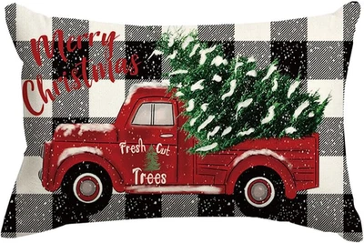 Christmas Pillow Covers 12X20 Black and White Buffalo Plaid Red Truck Christmas  - Image 1 of 4