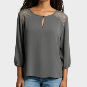 Everly Womens Small Polyester Gray 3/4 Sleeve Blouse  - Picture 1 of 10