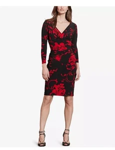 RALPH LAUREN Women's Faux Wrap Floral Sheath Dress Size 10 Red Stretch - Picture 1 of 14