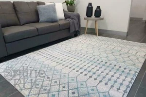 BLUE GREY FLOOR RUG TRIBAL AZTEC DIAMOND GEOMETRIC PATTERN MODERN CARPET - Picture 1 of 6