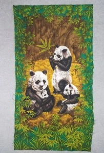 Mid Century Wesco Reltex Panda family Panel Fabric Cotton Barkcloth - Picture 1 of 2