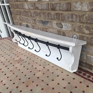 Farmhouse Style White Washed Curved Front Wooden Wall Shelf W/ 7 Iron Hooks - Picture 1 of 7