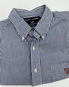 Ralph Lauren USA Logo Button Up Mens Large Blue Striped USA Logo Blaine - Picture 1 of 10