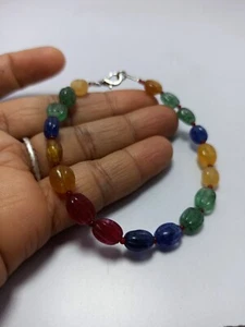925 Sterling Silver Carving Gemstone Bracelets Multi Sapphire Dyed 8x10 mm Beads - Picture 1 of 17
