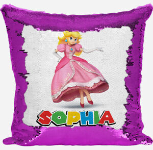 Personalised Princess Peach Any Name Magic Reveal Pink Sequin Cushion Cover Gift