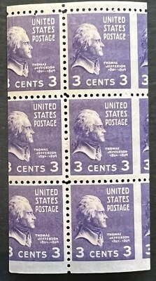 Scott#: 807a - Thomas Jefferson 3¢ 1938 Miscut Booklet Pane of Six MNHOG - Lot 4 - Image 1 of 2