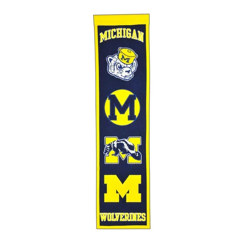 MICHIGAN WOLVERINES EMBROIDERED WOOL HERITAGE BANNER 8"X32" NCAA LICENSED Cover