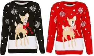 Womens Crew Neck Baby Reindeer Knitted Christmas Jumper Snow Reindeer Sweater - Picture 1 of 3