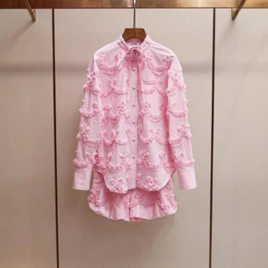 Women's New French Sweet Lace Loose Shirts Long Sleeved Floral Party Shirts Top - Picture 1 of 14