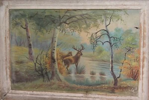 Antikes Ölgemälde Schöne Rehe an der Bergseenlandschaft - Bild 1 von 10