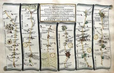 HOJA DE RUTA DE LONDRES A HOLYHEAD POR JOHN OGILBY REDUCIDA POR THOMAS GARDNER c1719 Foto 1 de 4