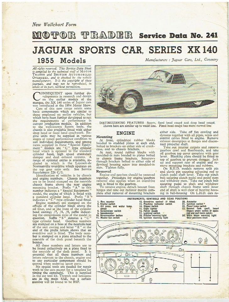 JAGUAR XK 140 ROADSTER Y CUPÉ 1955 MOTOR TRADER DATOS TÉCNICOS/BOLETÍN DE SERVICIO Foto 1 de 1