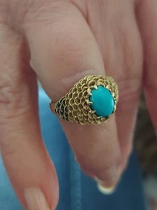 14K Turquoise Beehive Ring Mid Century Modern Vintage Sz 6 1950's ~ 60's Estate - Picture 1 of 14