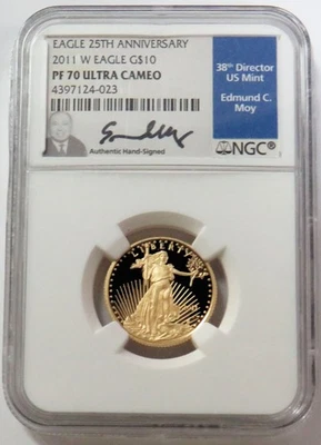 2011 W GOLD MOY ASSINADO $10 PROOF AMERICAN EAGLE 1/4oz NGC PF 70 UC - Imagem 1 de 2