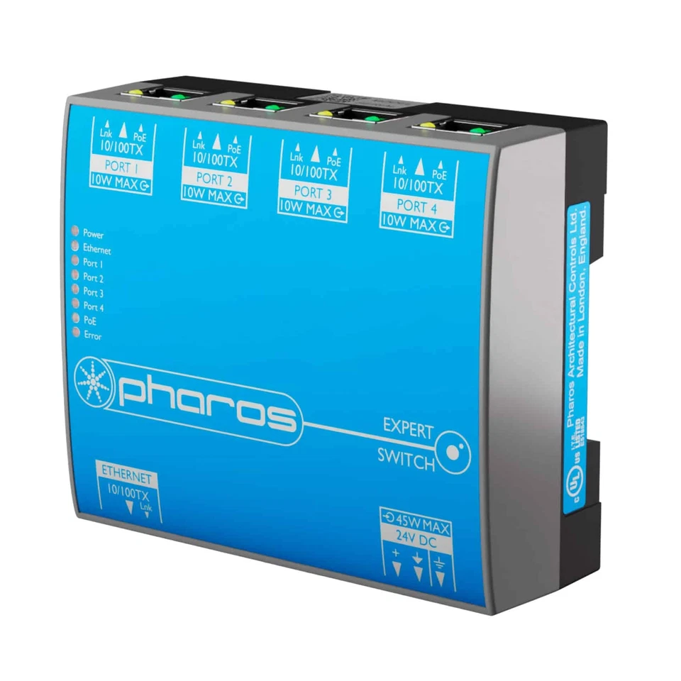Pharos XPS Expert Switch / DIN rail Ethernet Switch 4 Port, Class 2 PoE, 24V DC - Image 1 of 2