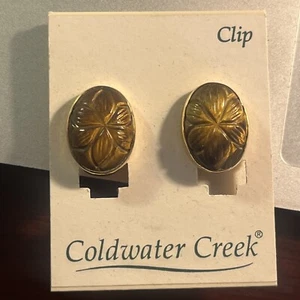 Gold Plated 925 Sterling Silver Carved Tiger's Eye Clip On Earrings - Picture 1 of 7