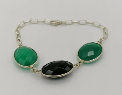 Pulsera Mujer Plata 925 Blanco Con Ágata Verde Y Ónix Hecho En Italia - Imagen 1 de 4