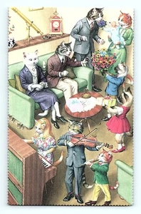 Postcard Alfred Mainzer Anthropomorphic Cats Playing Music In Living Room 4751 - Picture 1 of 3