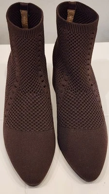 Eileen Fisher Honey Knit Sock Booties 6.5 Brown Pointy Toe Pull On Block Heel - Image 1 of 4