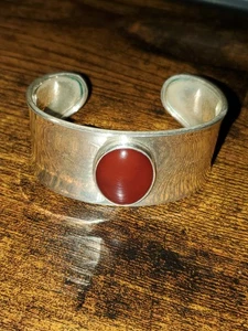 925 Sterling Silver Vintage Mexico Carnelian Gem Adjustable Cuff Bracelet - Picture 1 of 4