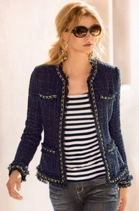 Boston Proper NWT Navy blue Parisian Gold Chain link wool blend Tweed Jacket 18 - Picture 1 of 14