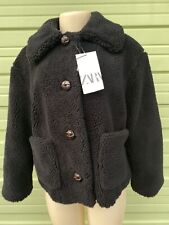 Zara Womens Faux Shearling M Teddy Fuzzy Short Coat Jacket Black 2969/040