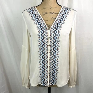 Veronica Beard Beige Blouse 100% Silk Longsleeve Embroidered Details Boho - Picture 1 of 18