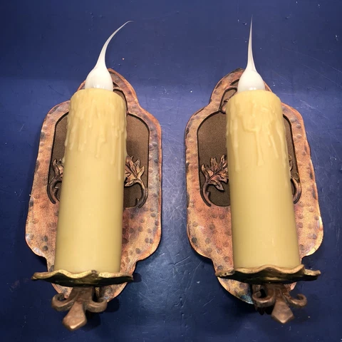 Pair larger scale red brass sconces acorn and oak leafs fresh fabric backing 54F Cover