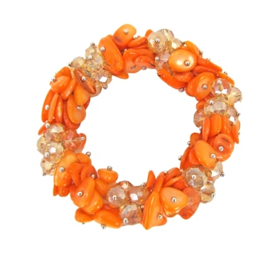 Orange shell and orange glass beaded stretch bracelet with silver accents - NEW - Image 1 of 4